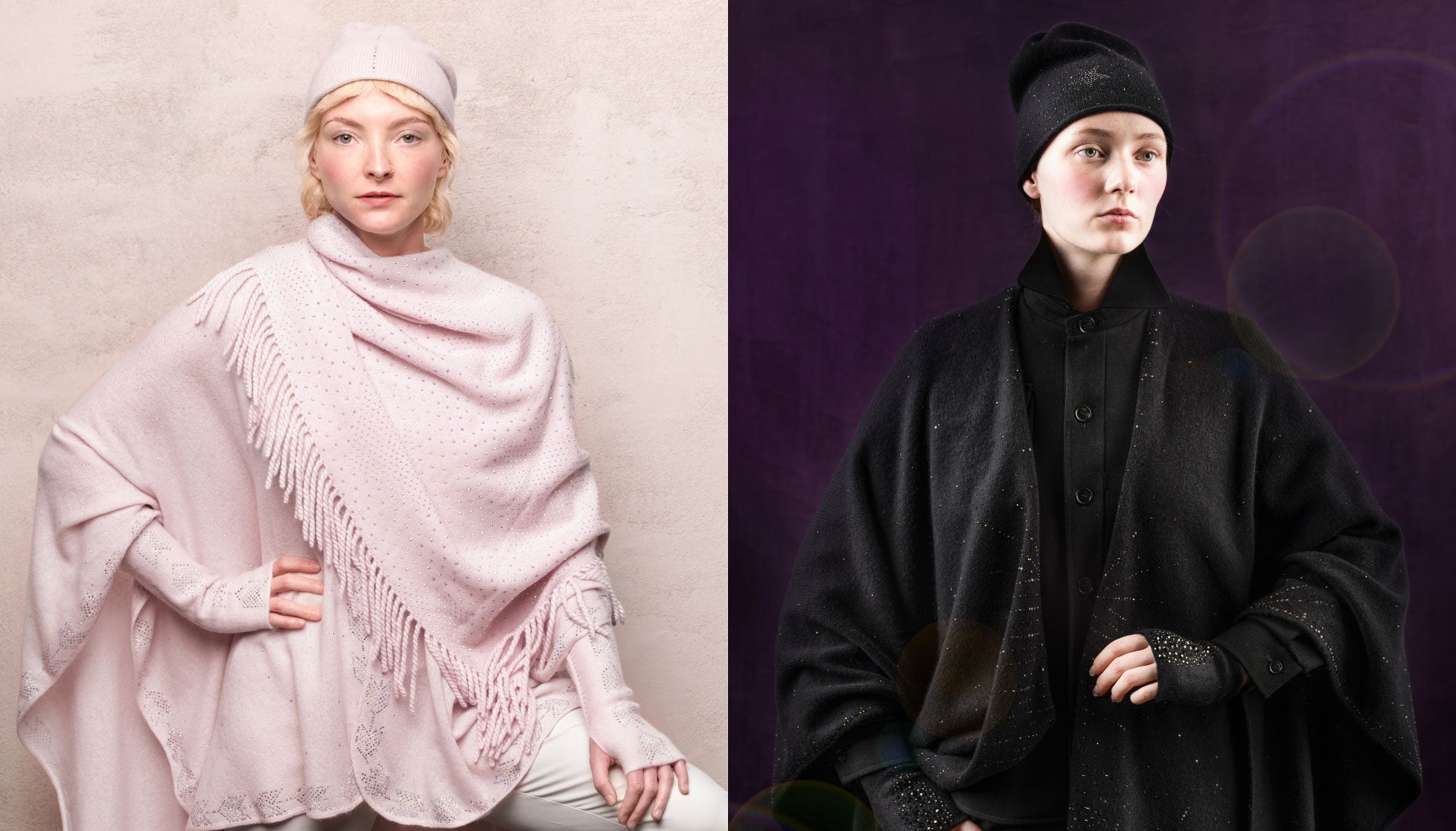 Editorial of two models wearing embellished cashmere clothing by Elyse Allen Textiles.