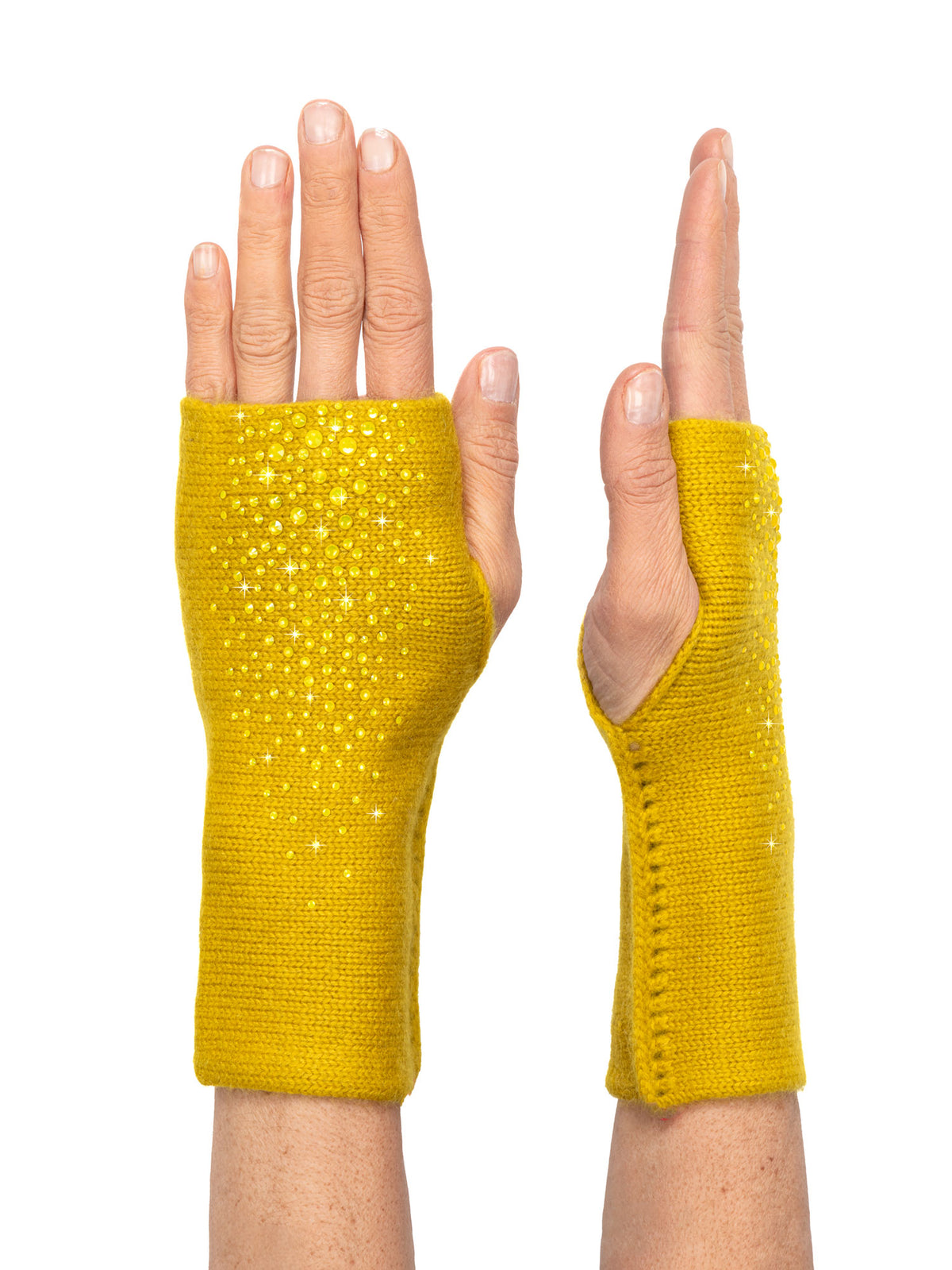 Turmeric yellow cashmere Mid Length Dragon Gloves with Swarovski crystals by Elyse Allen Textiles.