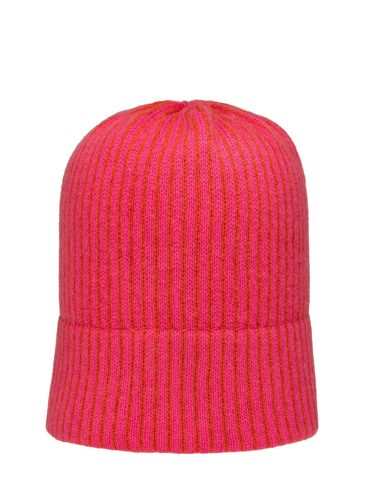 Long pink cashmere beanie with pink and orange stripes.