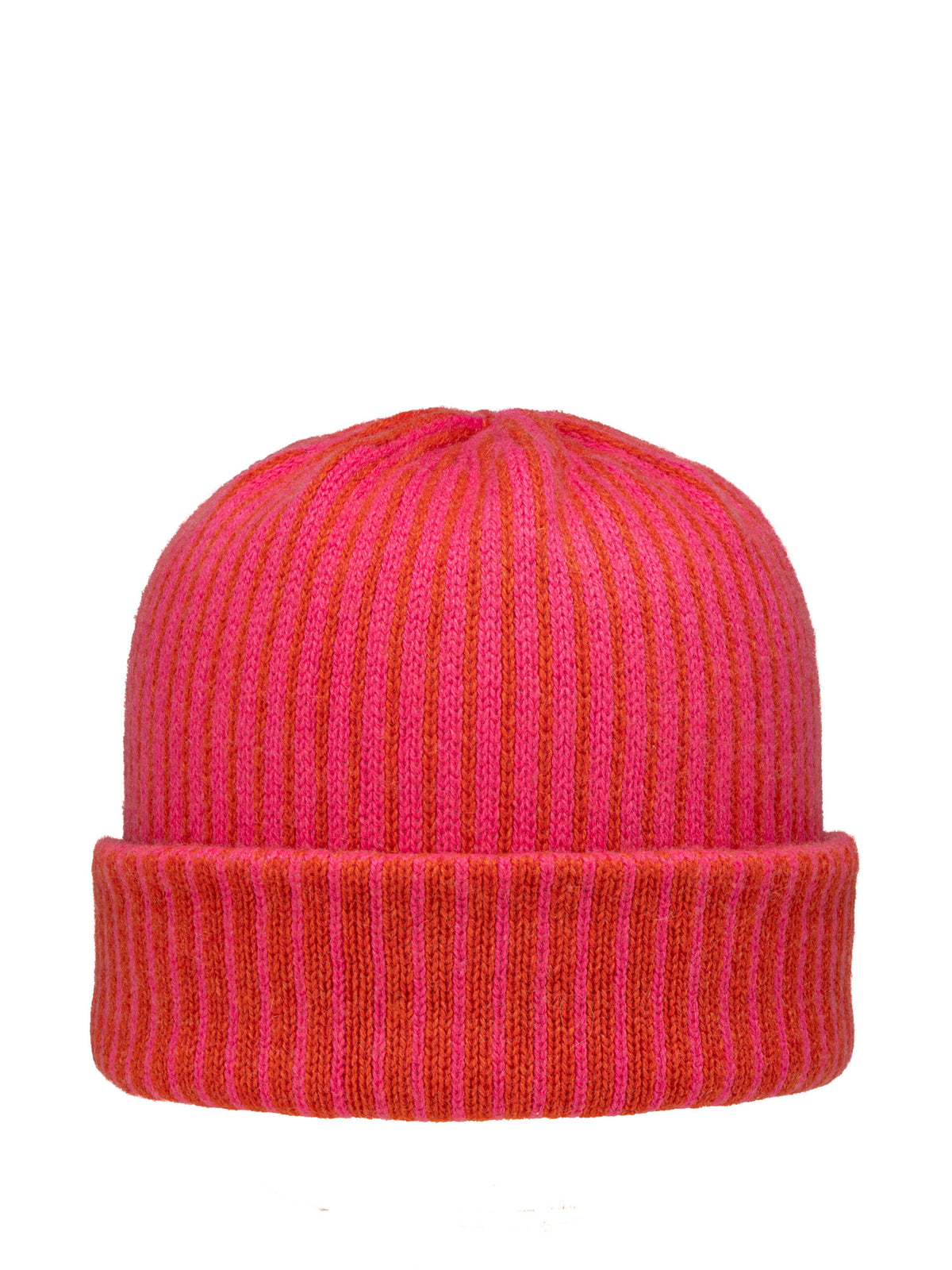 Pink striped beanie made of 3-ply cashmere showing the brim folded up.Handmade by Elyse Allen Textiles in Santa Fe, New Mexico. 