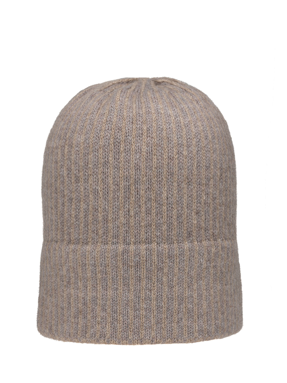 Long winter beanie made of cashmere featuring two-toned stripes of Platinum and Grey.