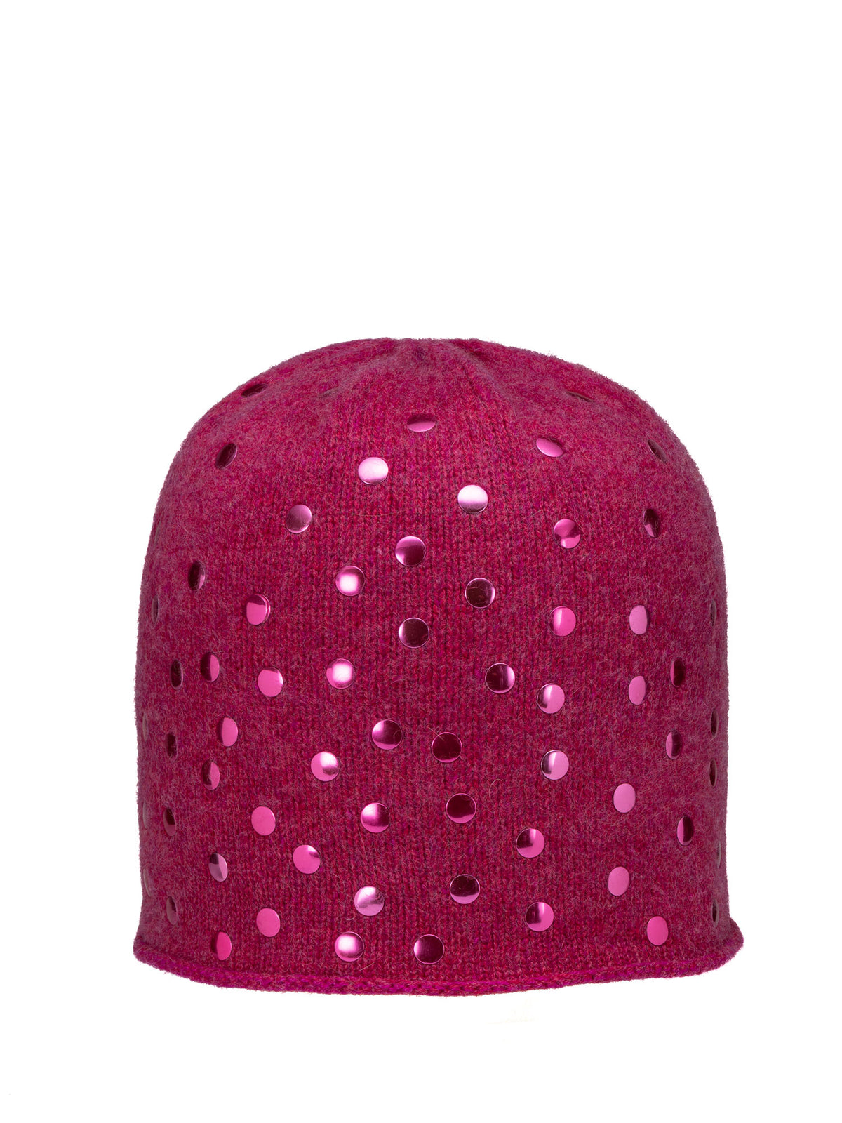 Berry colored cashmere beanie with fuchsia pink polka dot metal embellishments. Handmade by Elyse Allen Textiles. 