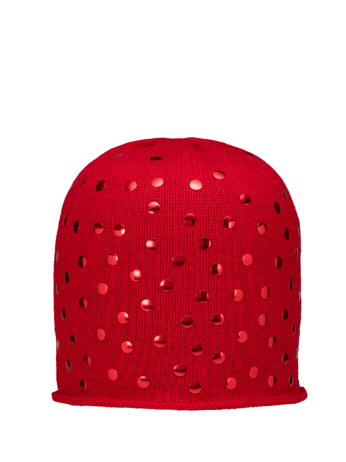 Valentine's Day Polka Dot cashmere cloche with red polka dot metal studs by Elyse Allen Textiles.