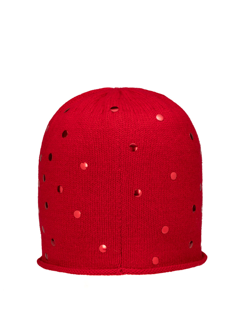 Backside view of Cardinal Red Polka Dot Cashmere Hat.