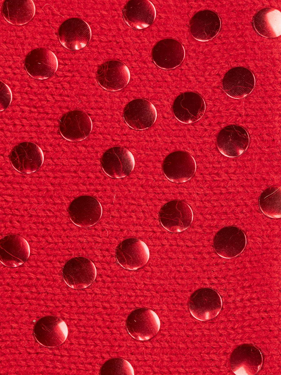 Cardinal Red cashmere fabric swatch for Polka Dot Fingerless Gloves showing detail of fabric and round metal embellishments.