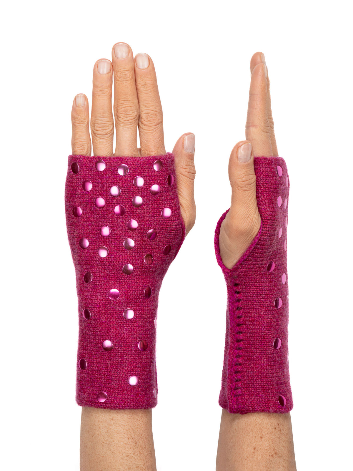 Polka Dot Cashmere Fingerless Gloves in Berry Pink.