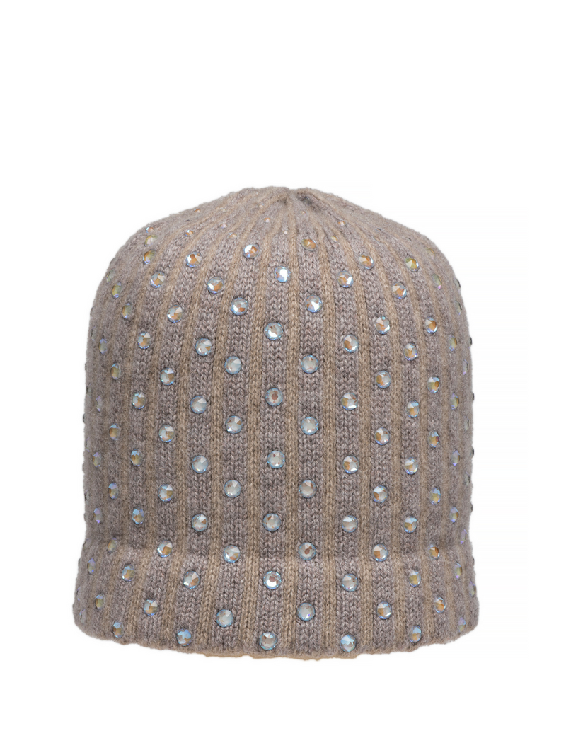 Two toned cashmere winter hat with large Swarovski Crystals by Elyse Allen Textiles.