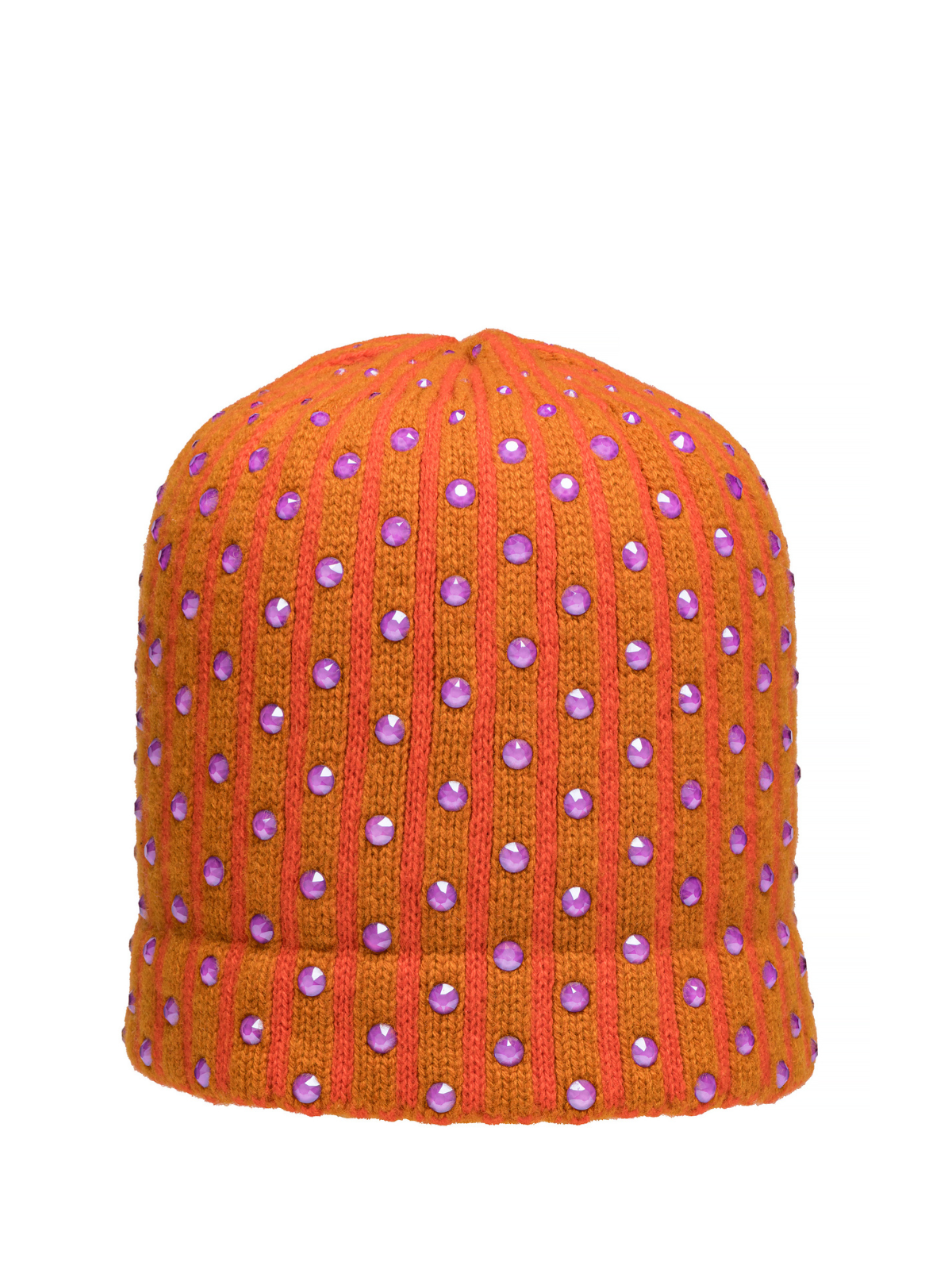 Bright orange cashmere crystal hat with two toned vertical stripes and large Swarovski crystals.