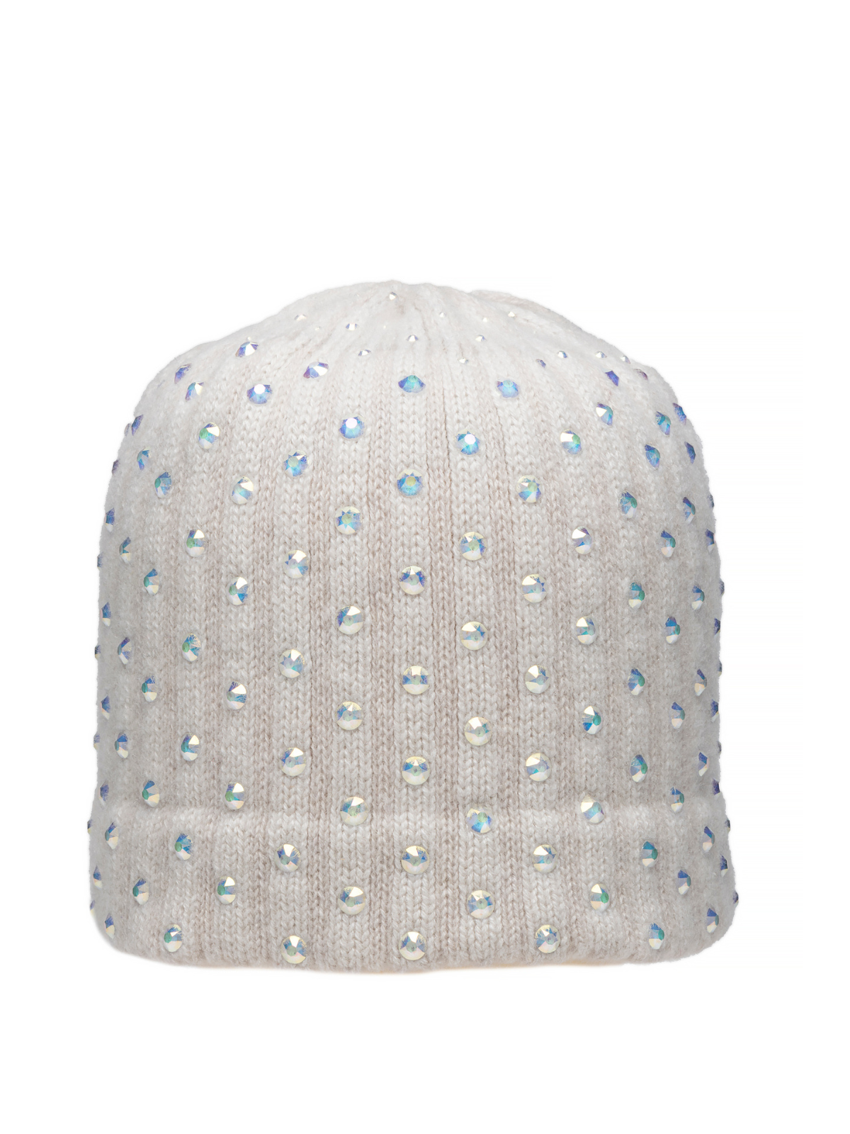 White cashmere crystal hat, handmade by Elyse Allen Textiles. Hat is embellished with large white Swarovski crystals.