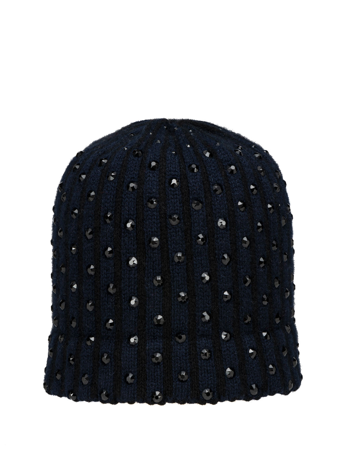 Midnight blue and black cashmere "Super Deluxe Crystal Cloche" with large black Swarovski crystals all over.