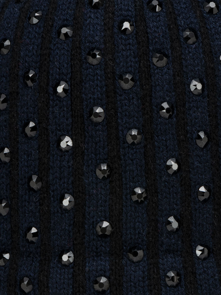 Blue Black Super Deluxe Hat fabric swatch showing detail of large Swarovski crystals.